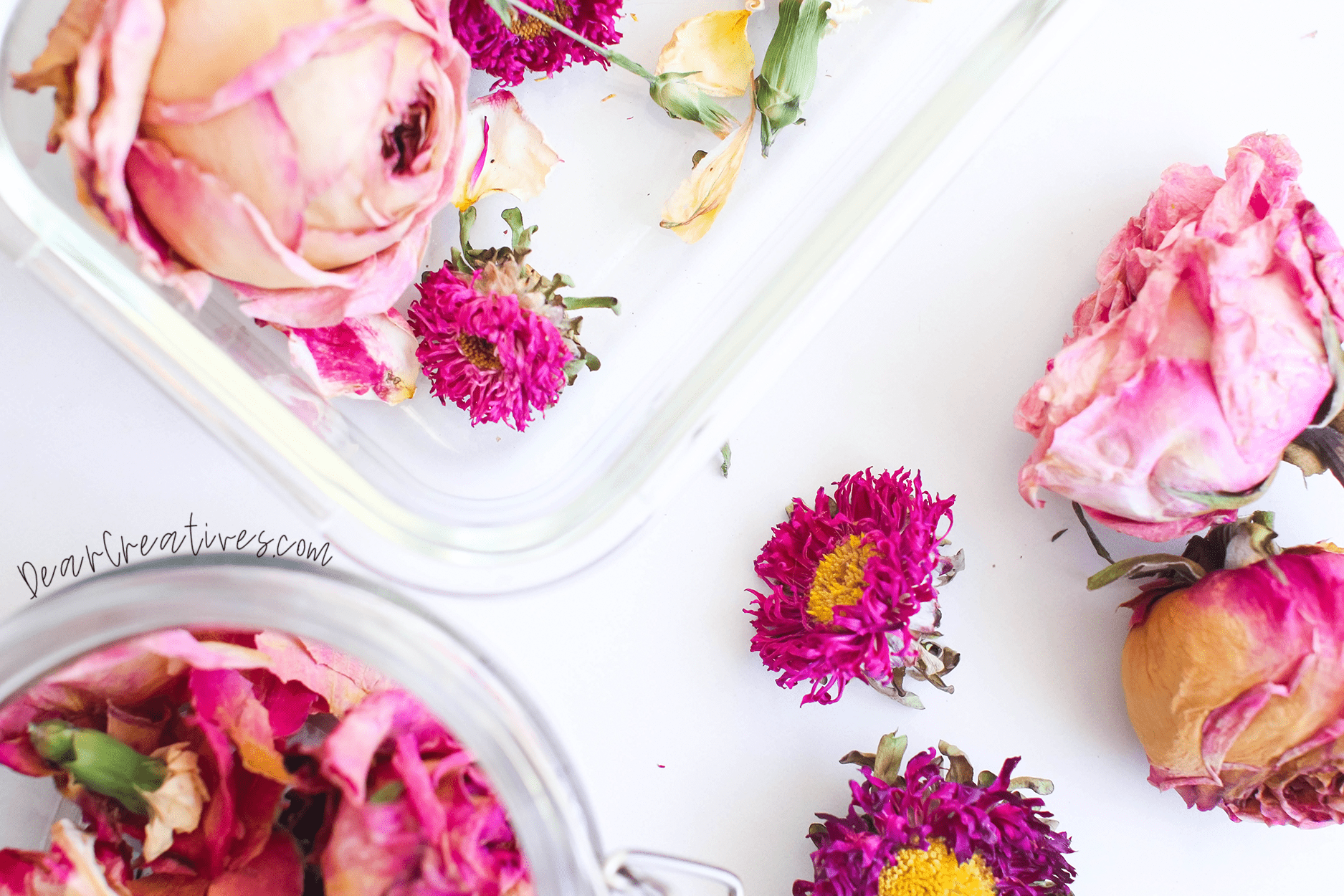 Dried flowers dried naturally ready to be made into potpourri - how to add essential oils to potpourri - DIY at©2022 DearCreatives.com