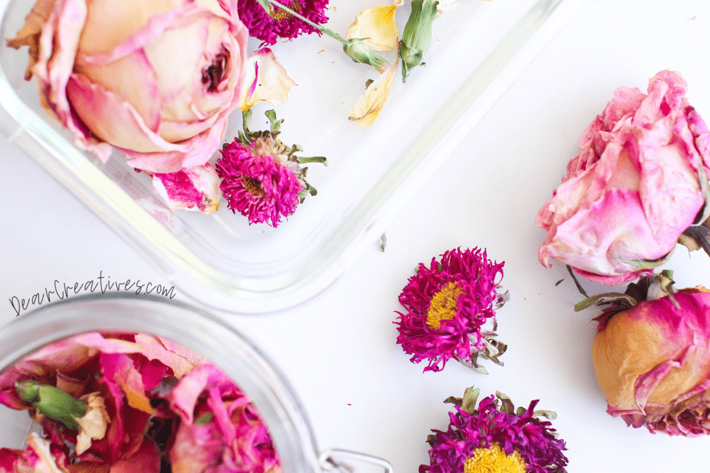 Dried flowers dried naturally ready to be made into potpourri - how to add essential oils to potpourri - DIY at©2022 DearCreatives.com