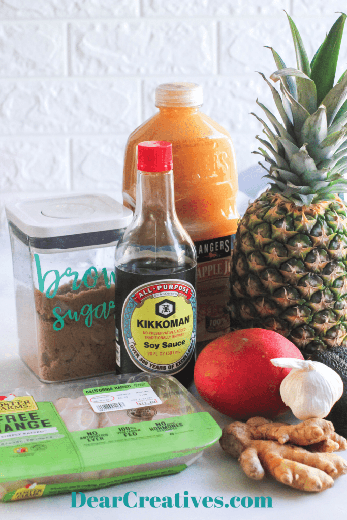 Ingredients for Hawaiian Grilled Chicken - chicken, pineapple juice, brown sugar, soy sauce, garlic, ginger... There is also a recipe for the pineapple mango salsa - Print the recipe DearCreatives.com
