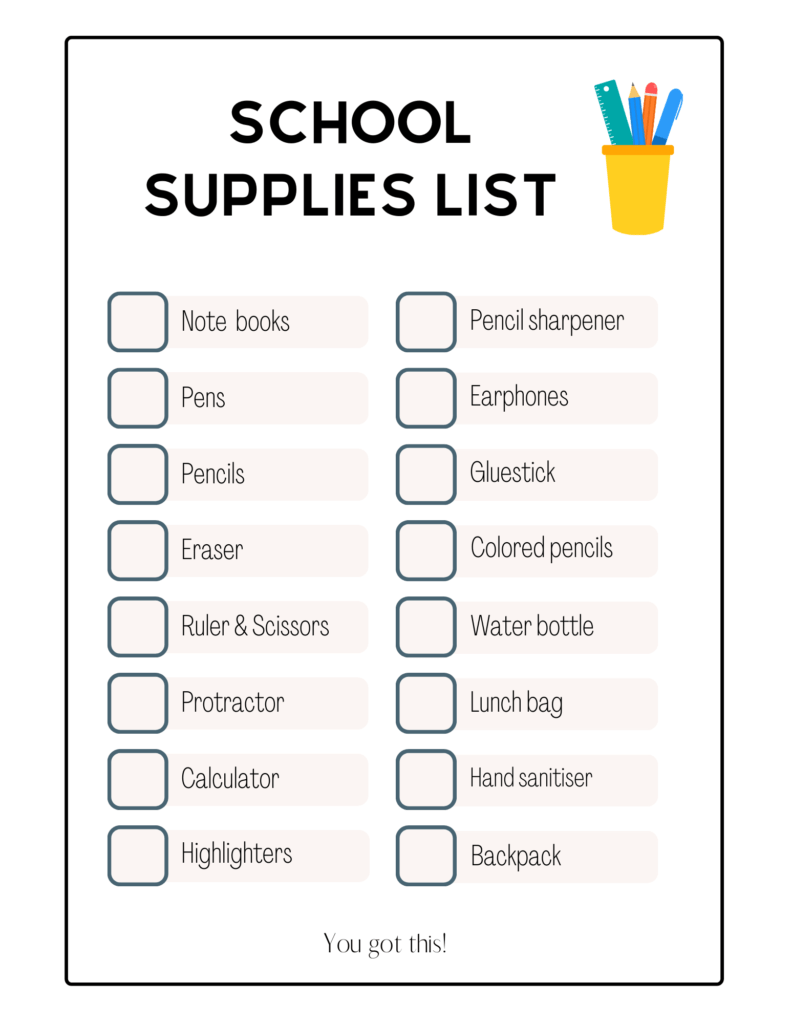 Back to school supplies list and back to school supplies checklist - with blank spaces to fill in what you need. Page 1 Get both pages at DearCreatives.com