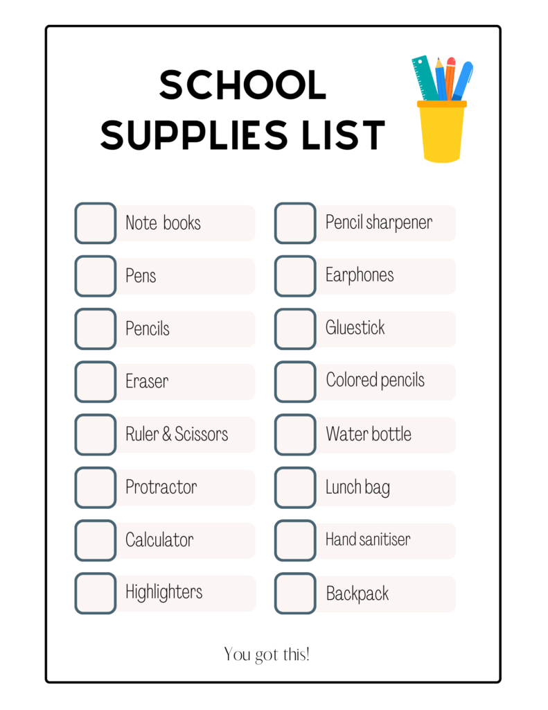 Back to School Supplies List