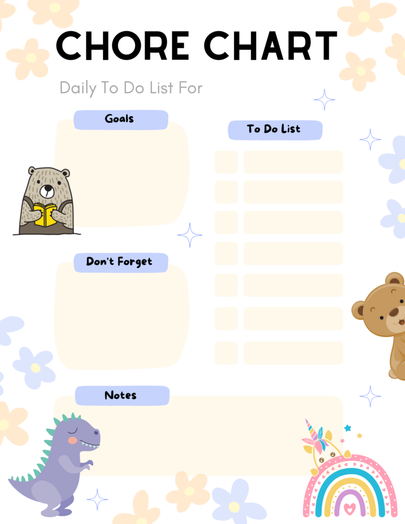 Chore Chart For Kids - Grab this free printable chore chart - Daily to do list for kids, with spaces to write down reading or learning goals, a spot for notes for daily reminders. DearCreatives.com