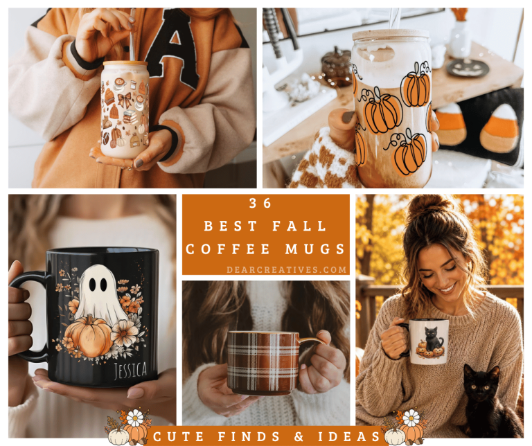 Collage of five fall coffee mugs and glass tumblers with lids and straws featuring cute autumn designs. 36 of the best coffee mugs cute finds and ideas