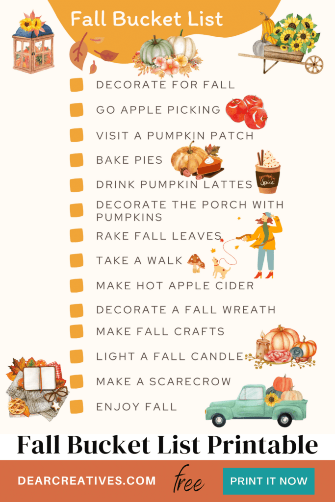 Fall Bucket List - Do you love fall and autumn as much as I do Get this free printable filled with fall activities to do and check off! Grab the file and print it for free! DearCreatives.com Happy Fall Y'all!