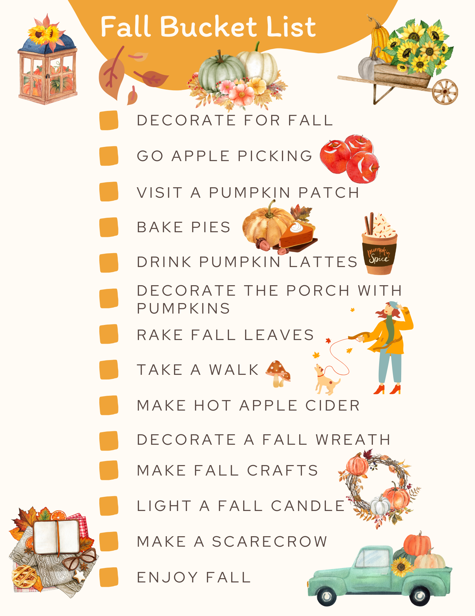 Fall Bucket List - Printable fall bucket list with fall activities. Print the page at DearCreatives.com PNG file (8.5 × 11 in)