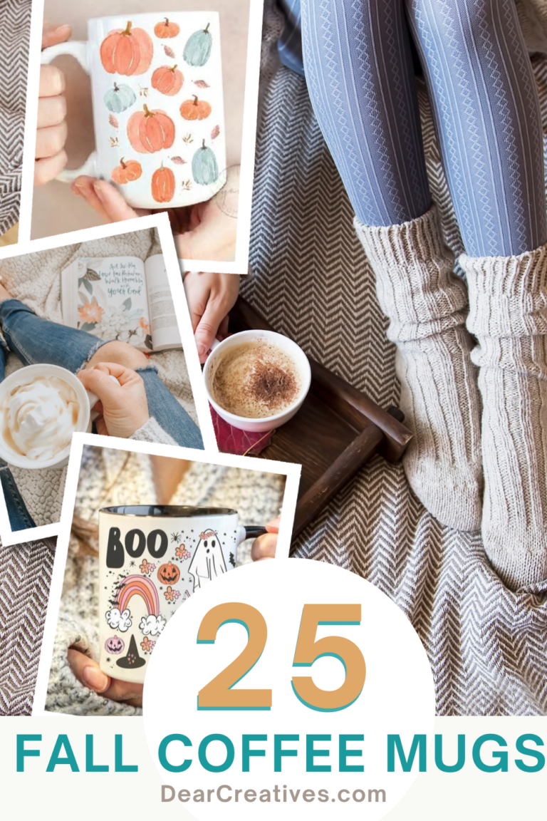 Fall Coffee Mugs - 25 coffee mugs you'll want to be sipping from or gifting this fall! The list includes coffee mugs, iced coffee glasses with straws and a lid, travel mugs, campfire-style mugs, and more! DearCreatives.com