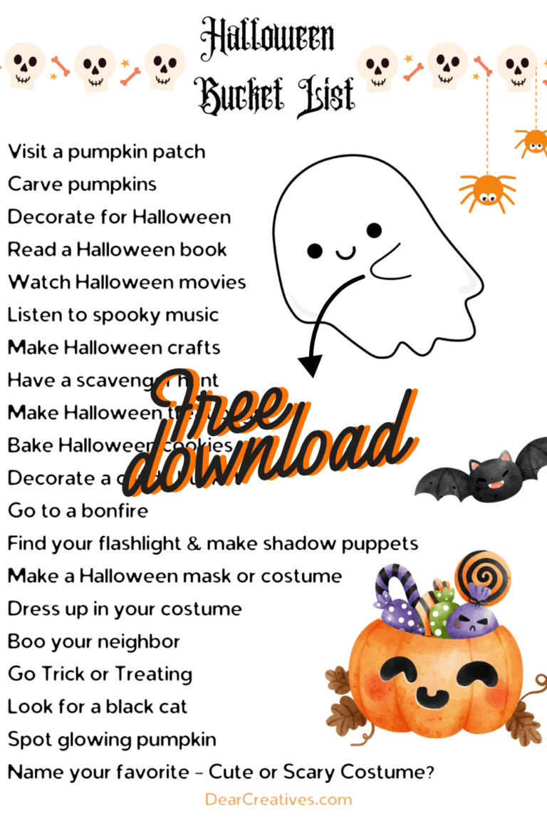 A free printable Halloween bucket list with cute pumpkin, ghost, and spider graphics, listing fun fall activities for the family.