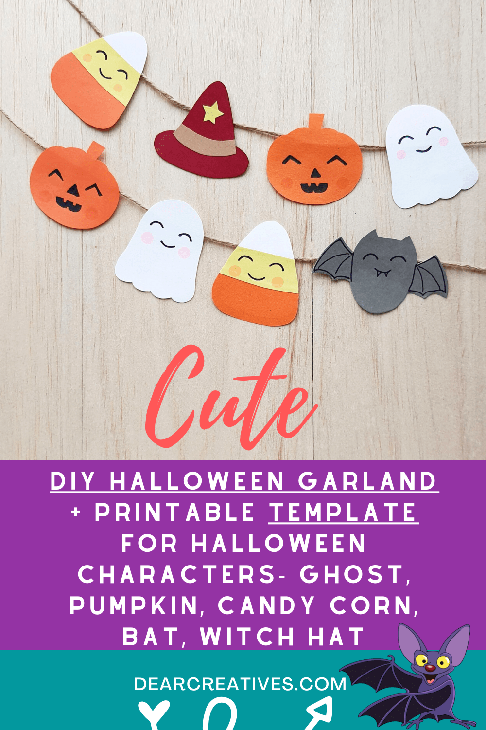 DIY-Halloween-Garland-Grab-the-printable-template-to-make-a-banner-with-a-ghost-bat-witch-hat-pumpkin-and-candy-corn.-Instructions-for-this-Halloween-craft-and-template-at-DearCreatives.com
