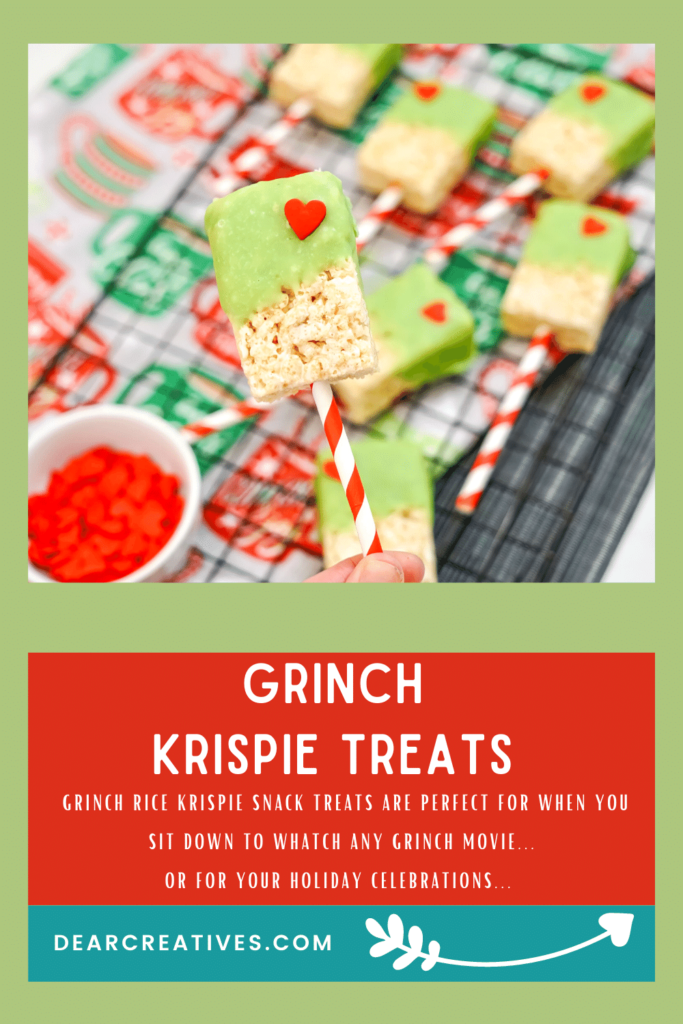 Easy Grinch Rice Krispie Treats - Christmas Rice Krispie Treats Idea - See how easy it is to make Grinch Krispie Treats. Fun and festive holiday ideas. DearCreatives.com