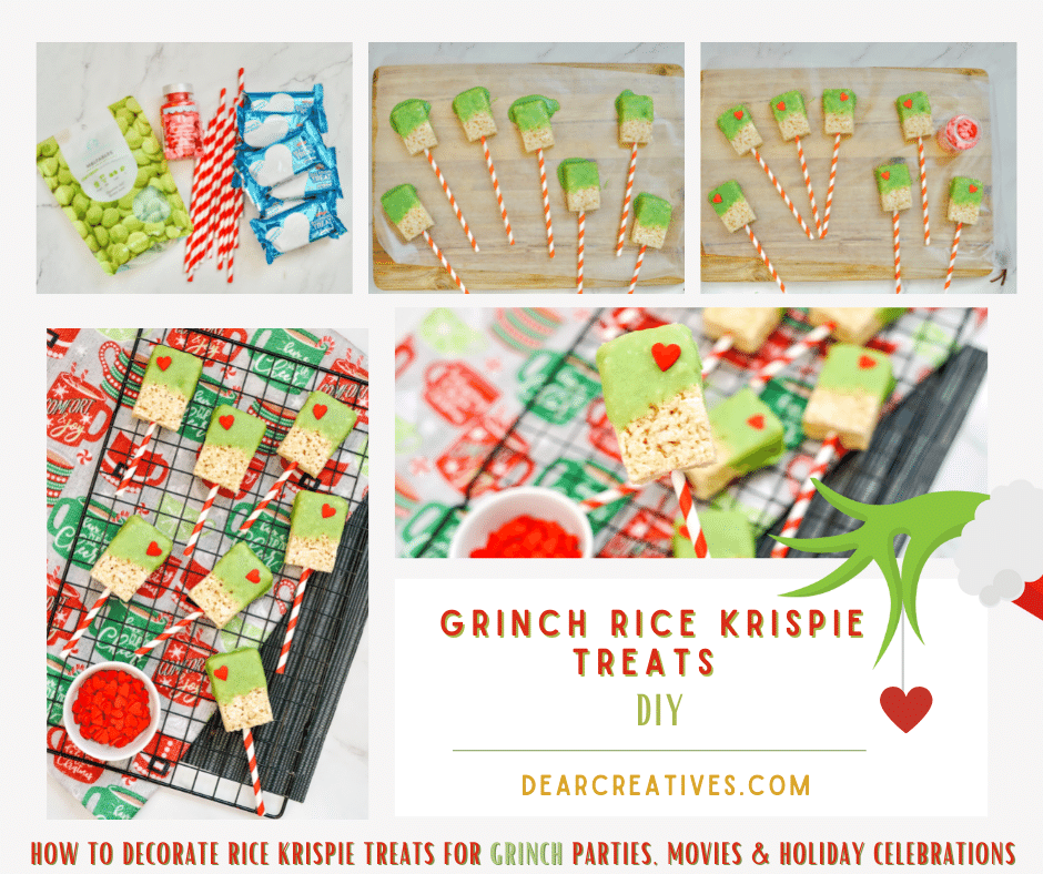 Grinch Rice Krispie Treats - steps for decorating and making Grinch Rice Krispie Pops for parties, movie nights and holiday celebrations... DIY - DearCreatives.com