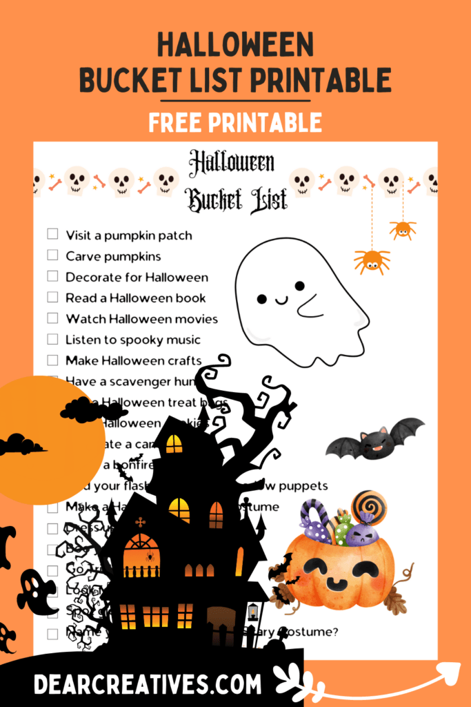 Halloween Bucket List Printable - Print this Halloween bucket list filled with fun activities and things to do for Halloween. DearCreatives.com