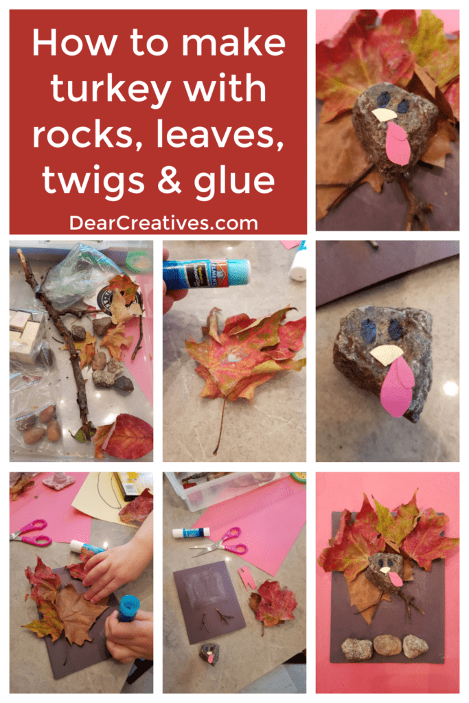 Make this fun fall craft with the kids. How-To make a turkey with rocks, leaves, twigs, construction paper, and glue. DearCreatives.com