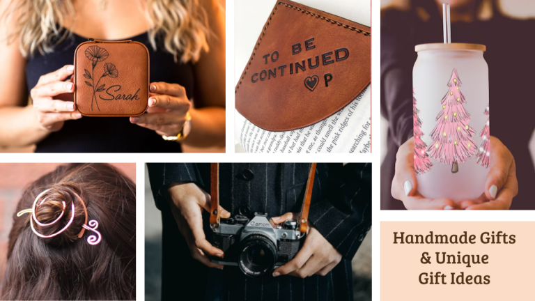 Collage of handmade and unique Etsy gift ideas for women and men, including personalized gifts for Christmas and other special occasions