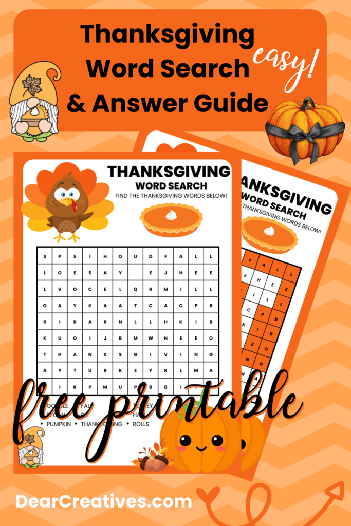 THANKSGIVING WORD SEARCH - This is an easy word search printable and Thanksgiving activity for kids. Find this and more free printables at DearCreatives.com