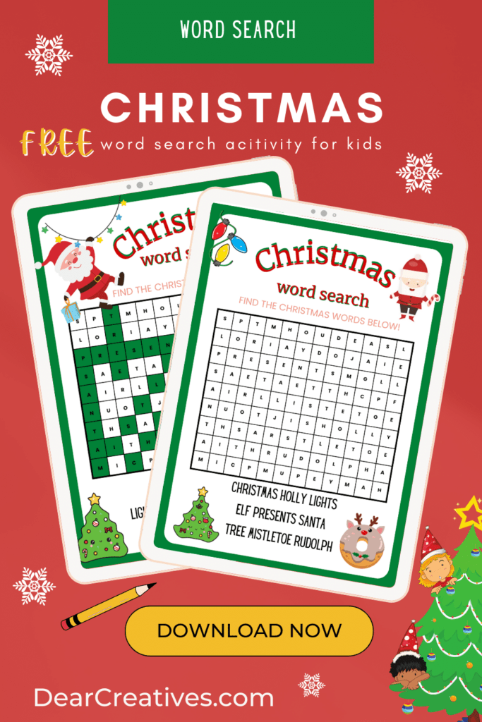 Free Printable - Christmas Word Search Activity For Kids - In PDF and PNG format with the answer key - Printables at DearCreatives.com.