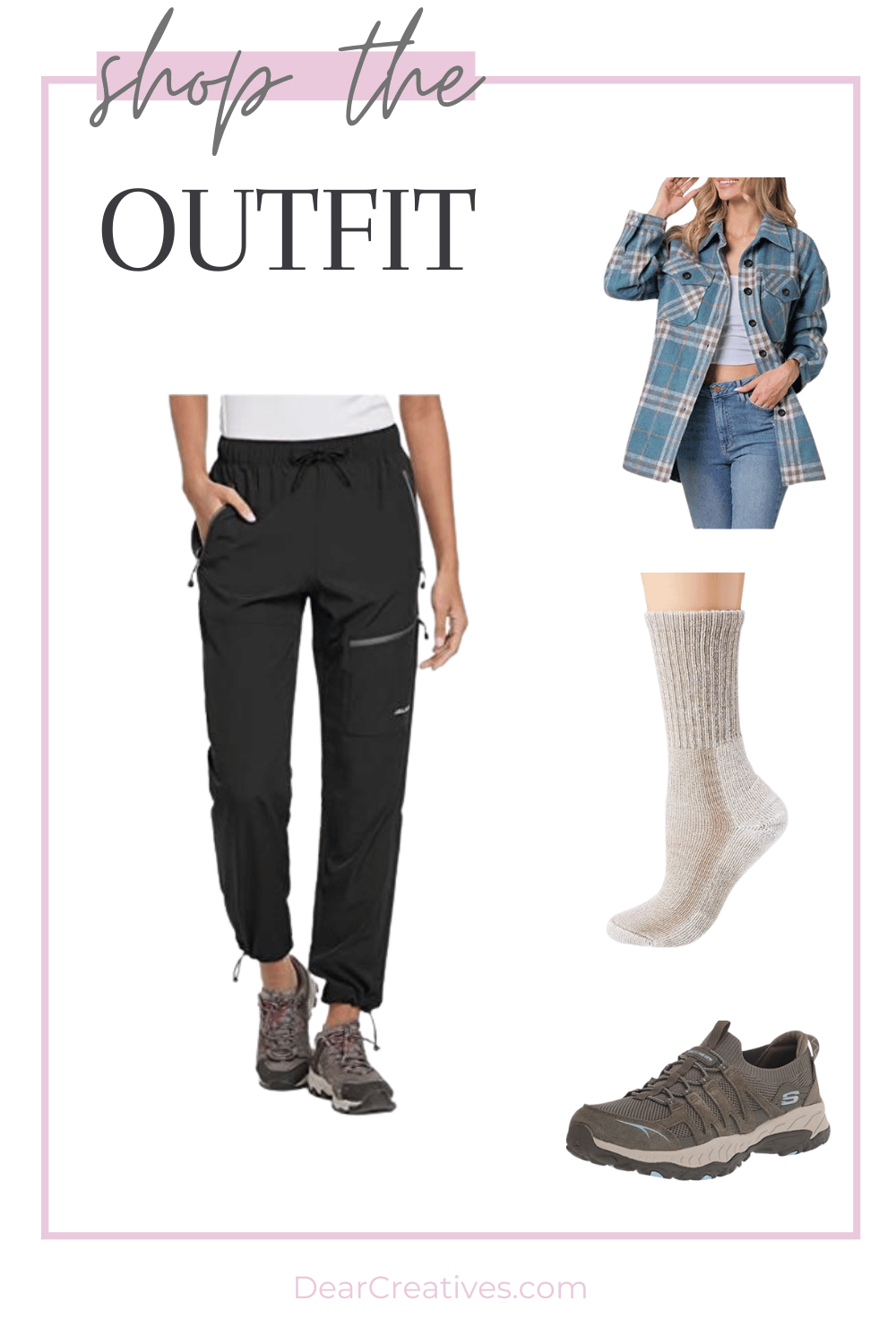 Shop the sale for outfits like this women's hiking outfit with water-resistant pants, flannels, socks, and sport hiking shoes DearCreatives.com