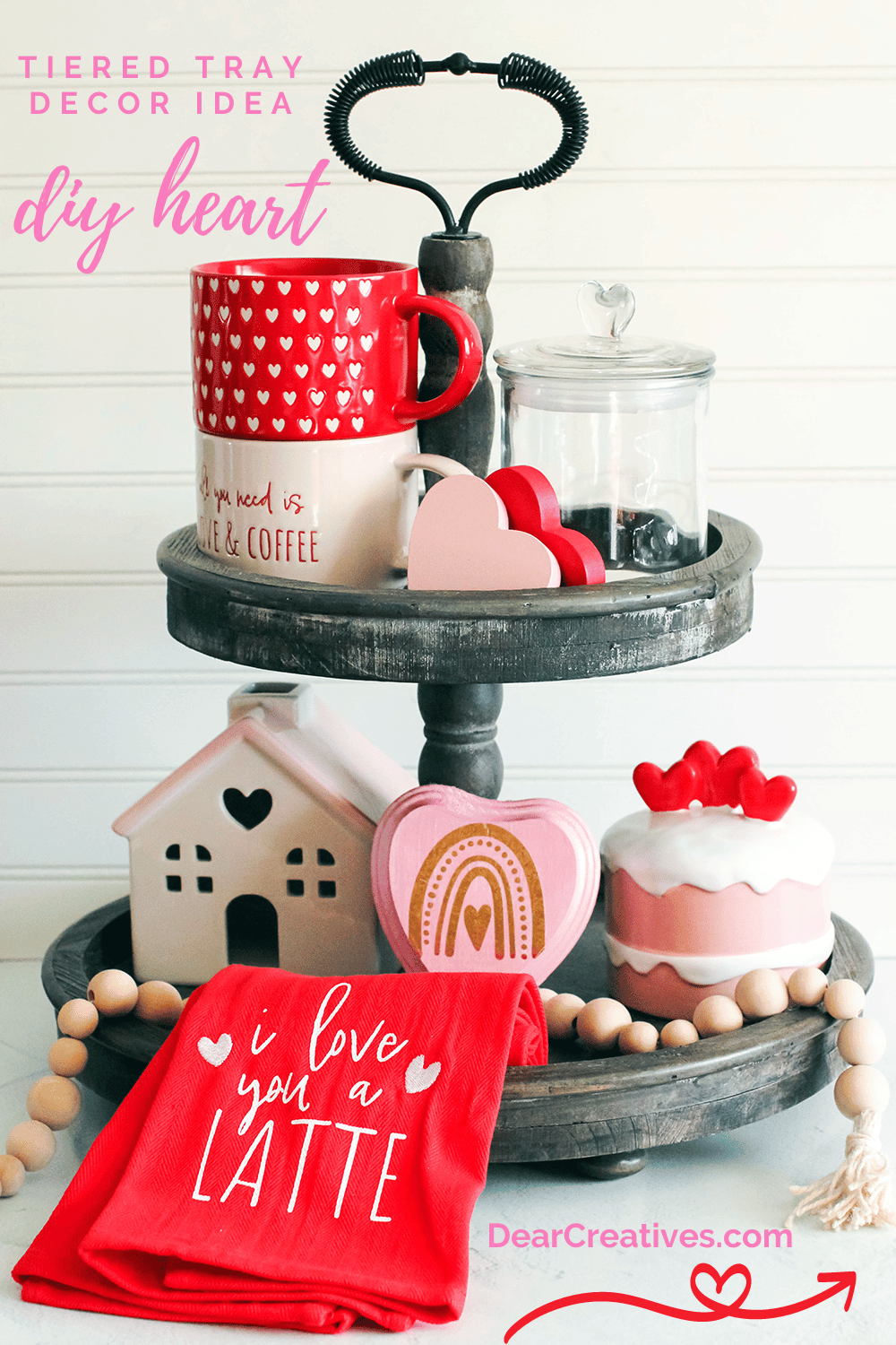 How To add iron-on to wood - DIY wood heart with foil iron -on. Cricut Craft plus tiered tray decor - Find out more at DearCreatives.com