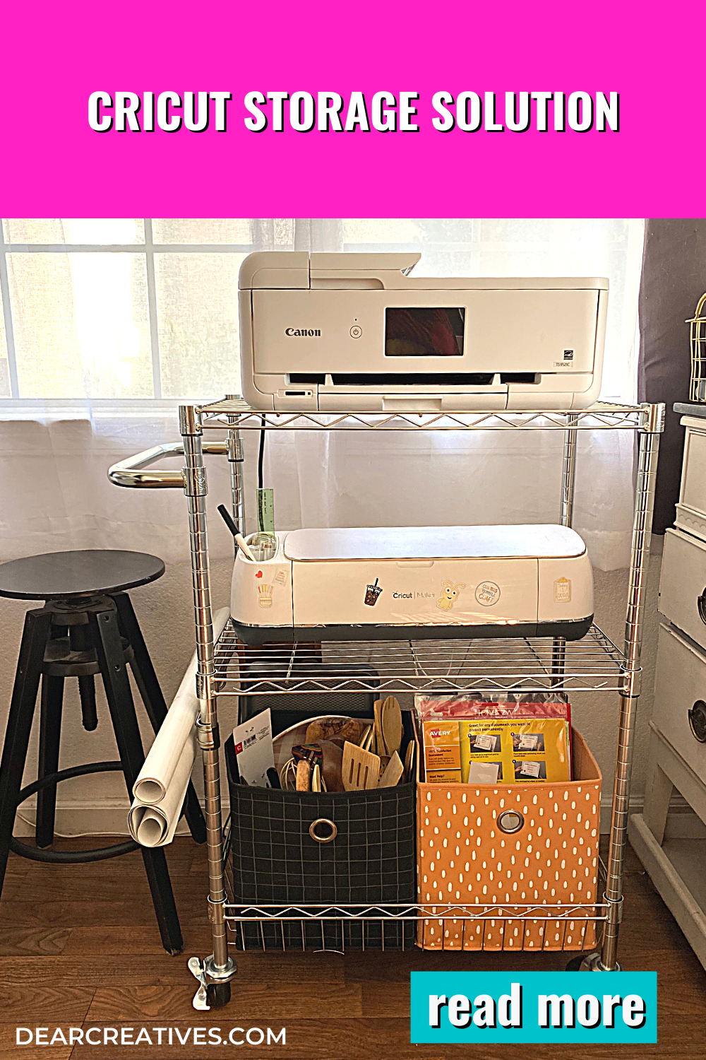 Cricut Storage Solution - This rolling cart is sturdy, space saving and perfect for storing your printer, Cricut machine... Find out more at DearCreatives.com