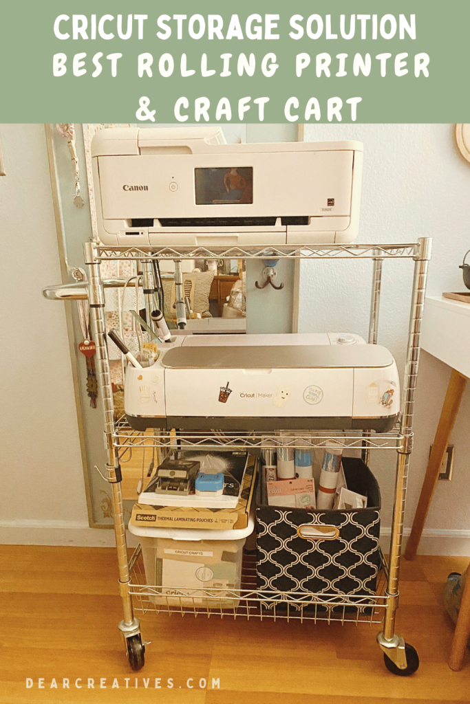 Cricut storage solution rolling cart with printer and craft supplies.