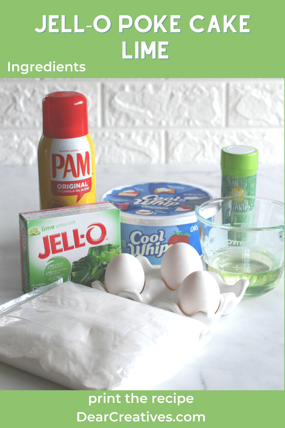 Jello Poke Cake Lime - Easy to make, moist and so tasty! Topped with Cool Whip or your favorite topping... Ingredients list and recipe at DearCreatives.com