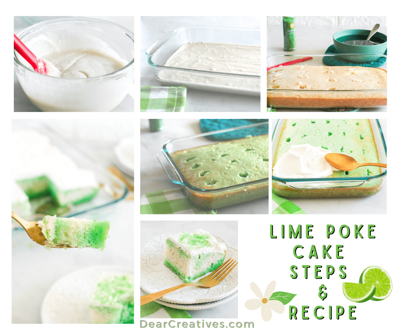 Lime Poke Cake recipe steps - How to make a lime poke cake, using a white cake mix, lime Jell-O, and a few baking supplies make this moist, delicious cake for your celebrations or... get the recipe DearCreatives.com