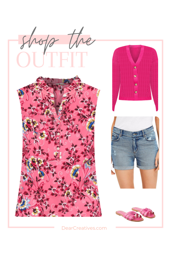 Sleeveless floral top, spring cardigan, jean shorts, strappy sandals... Get more ideas for what to wear this spring at DearCreatives.com