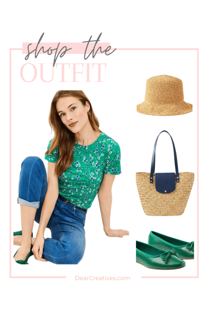 Spring outfit ideas - Floral tee shirt top, cute jeans, straw bucket hat, straw tote bag, ballet flats... DearCreatives.com