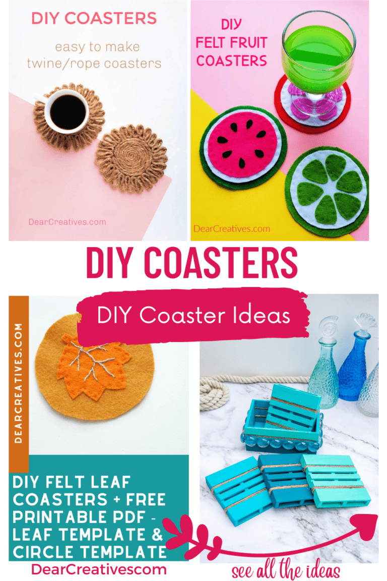 DIY Coasters - Projects, templates, instructions, how to make coasters. These crafts and drink coasters are made with a variety of materials from felt, rope, jute, mini wood pallets... There are sew and no-sew coasters to make. Find these and more ideas for how to make coasters! Use them at home or make these ideas for homemade gifts! See all the DIY Coaster Ideas at DearCreatives.com