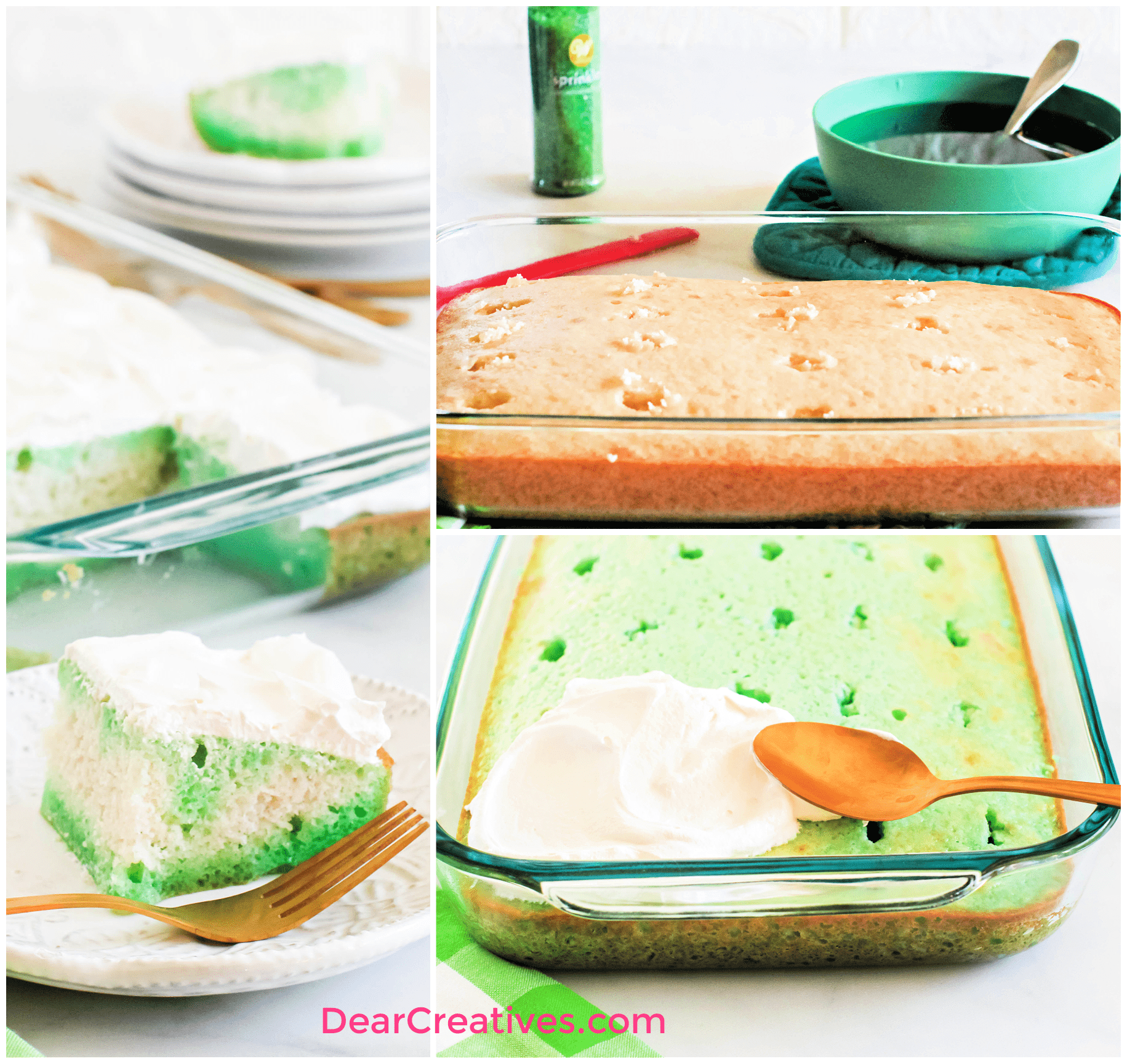 Lime Poke Cake - baked white cake with holes poked, dissolved jello. Poke cake with lime Jell-o being frosted. Sliced lime poke cake ready to eat. ©2023 DearCreatives.com.