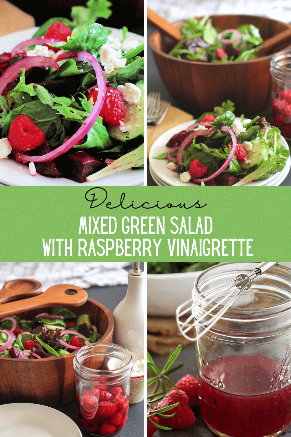 Mixed Green Salad With Raspberry Vinaigrette - Delicious, easy to make. Mixed greens, baby spinach, beets, red onions, cucumbers, raspberries, Feta cheese. Print the green salad and raspberry vinaigrette recipe at DearCreatives.com