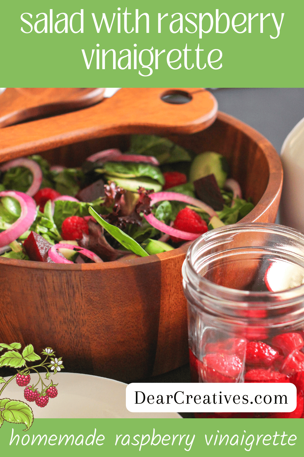 Salad With Raspberry Vinaigrette - Delicious, easy to make. Mixed greens, baby spinach, beets, red onions, cucumbers, raspberries, Feta cheese, and a homemade raspberry vinaigrette dressing. Get the recipe at DearCreatives.com