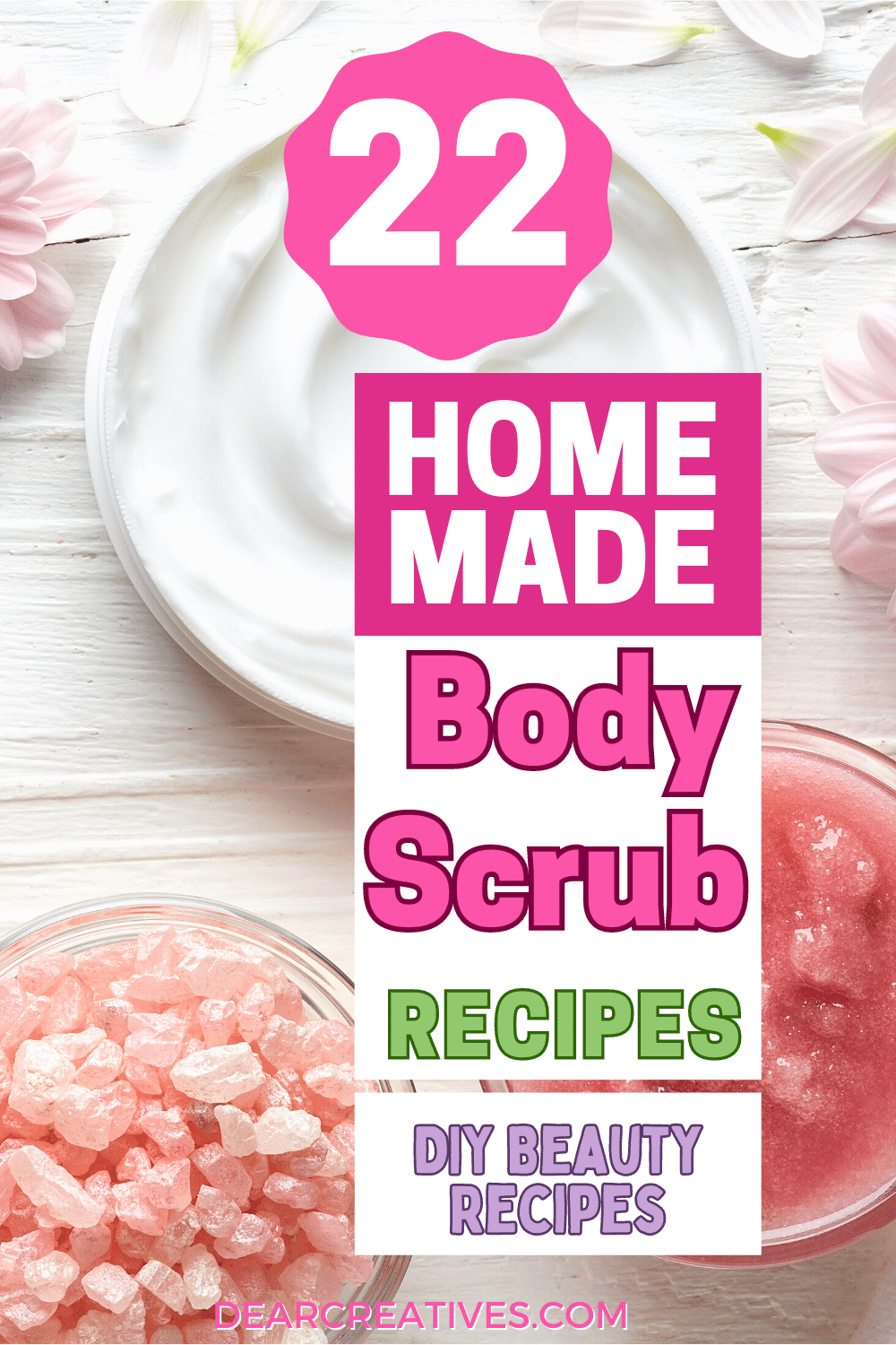 22 homemade body scrub recipes to make for yourself or to make DIY beauty gifts. See all the DIY beauty recipes at DearCreatives.com