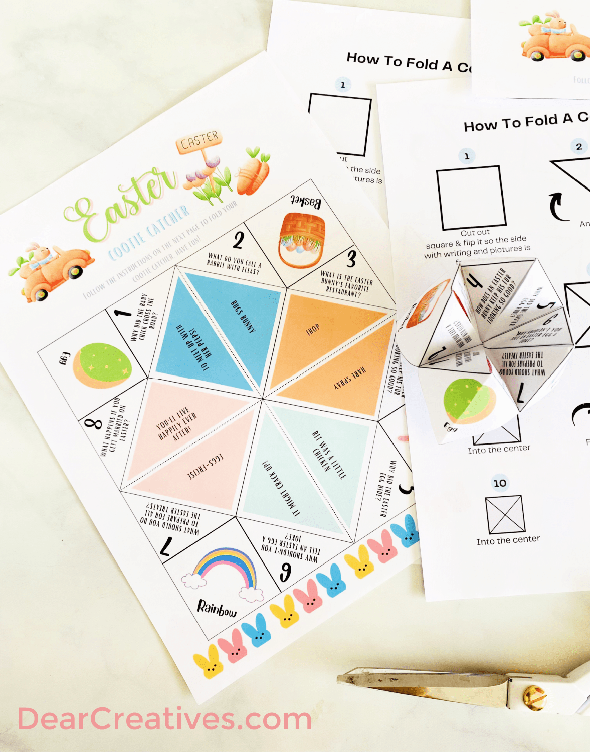 Easter Cootie Catcher Printable and instructions - image showing a folded cootie catcher from the printable template for the Cootie Catcher - DearCreatives.com