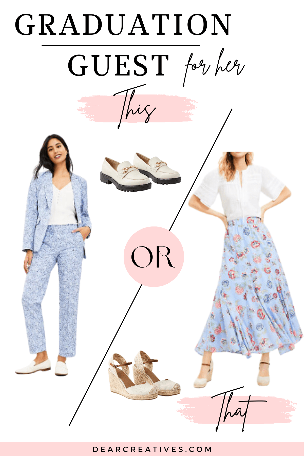 Floral Pant suit with loafers or flats or cute floral skirt and top with espadrille sandals - DearCreatives.com