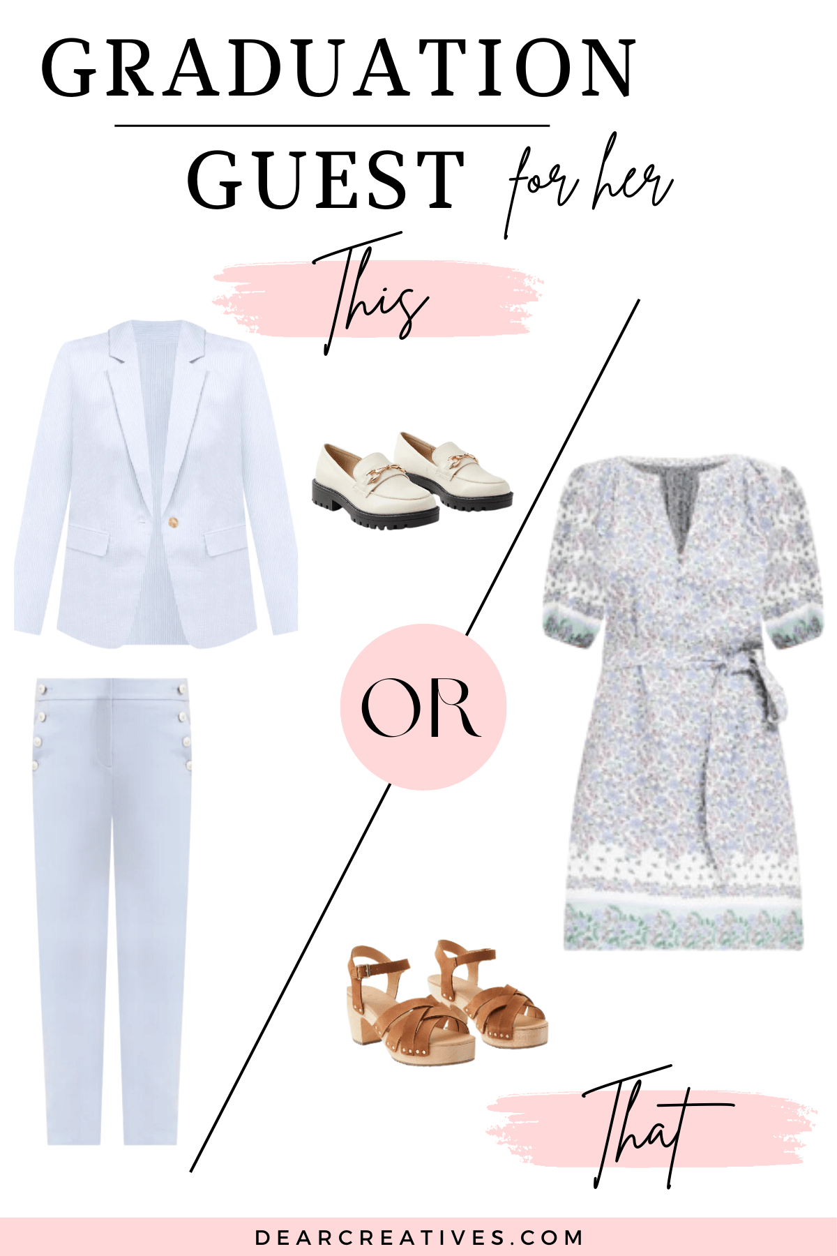Graduation Guest Outfit Ideas For Her - blazer and pants, dress and strappy clogs - DearCreatives.com