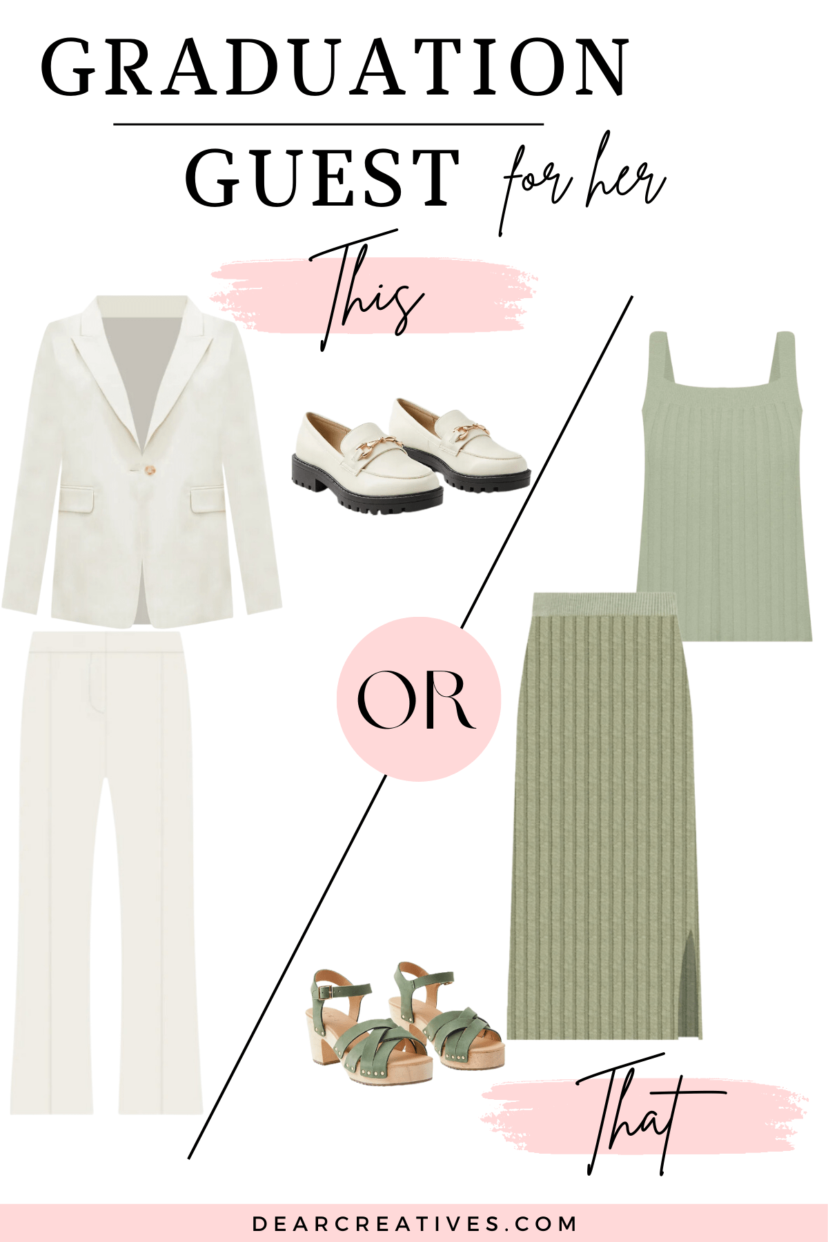 Graduation guest outfit ideas - Outfits for her for graduation guests - Matching Pant Sets with loafers or flats or a midi skirt and sleeveless top with clog sandals or heels - DearCreatives.com