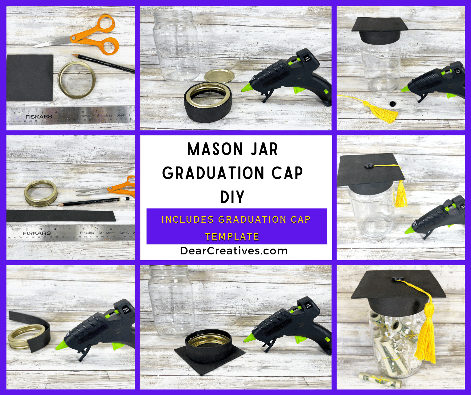 DIY Mason Jar Graduation Cap Step-by-Step Images and Instructions + Get the Graduation Cap Template and instructions for this DIY graduation gift at DearCreatives.com