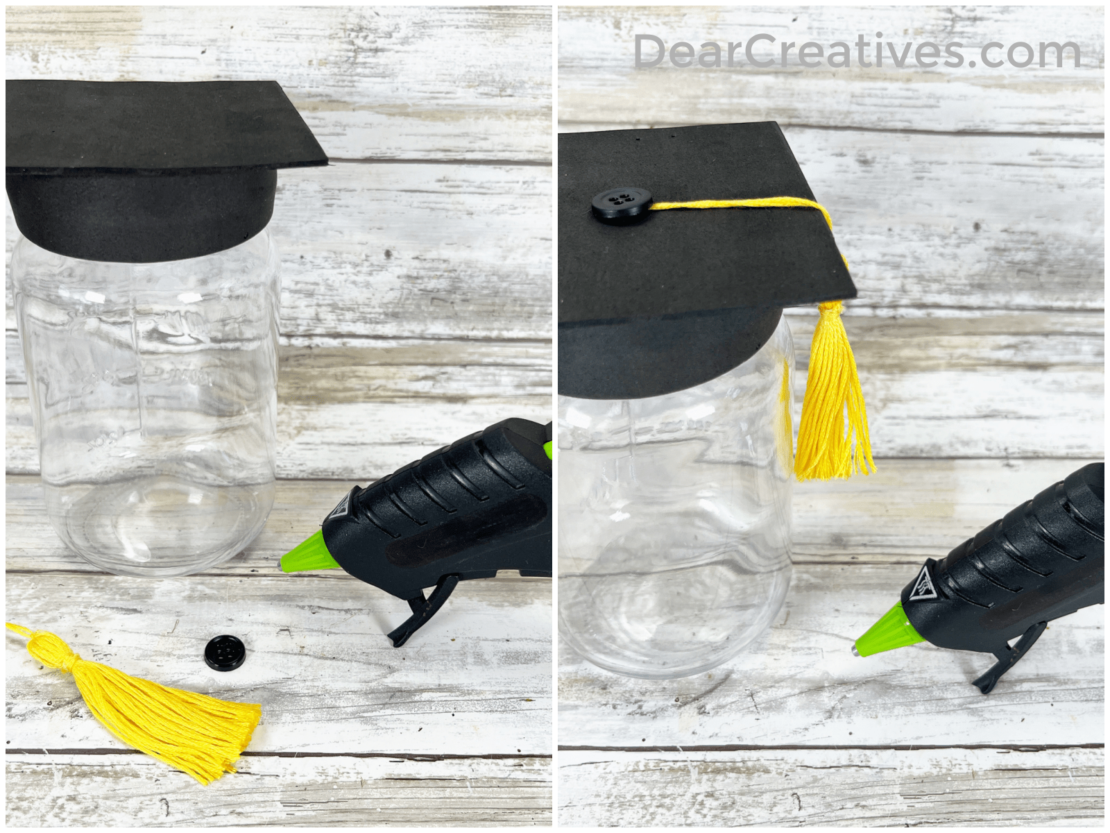 Step 7- How to make a graduation cap using a mason jar lid and black foam button and a tassel - DIY instructions at DearCreatives.com