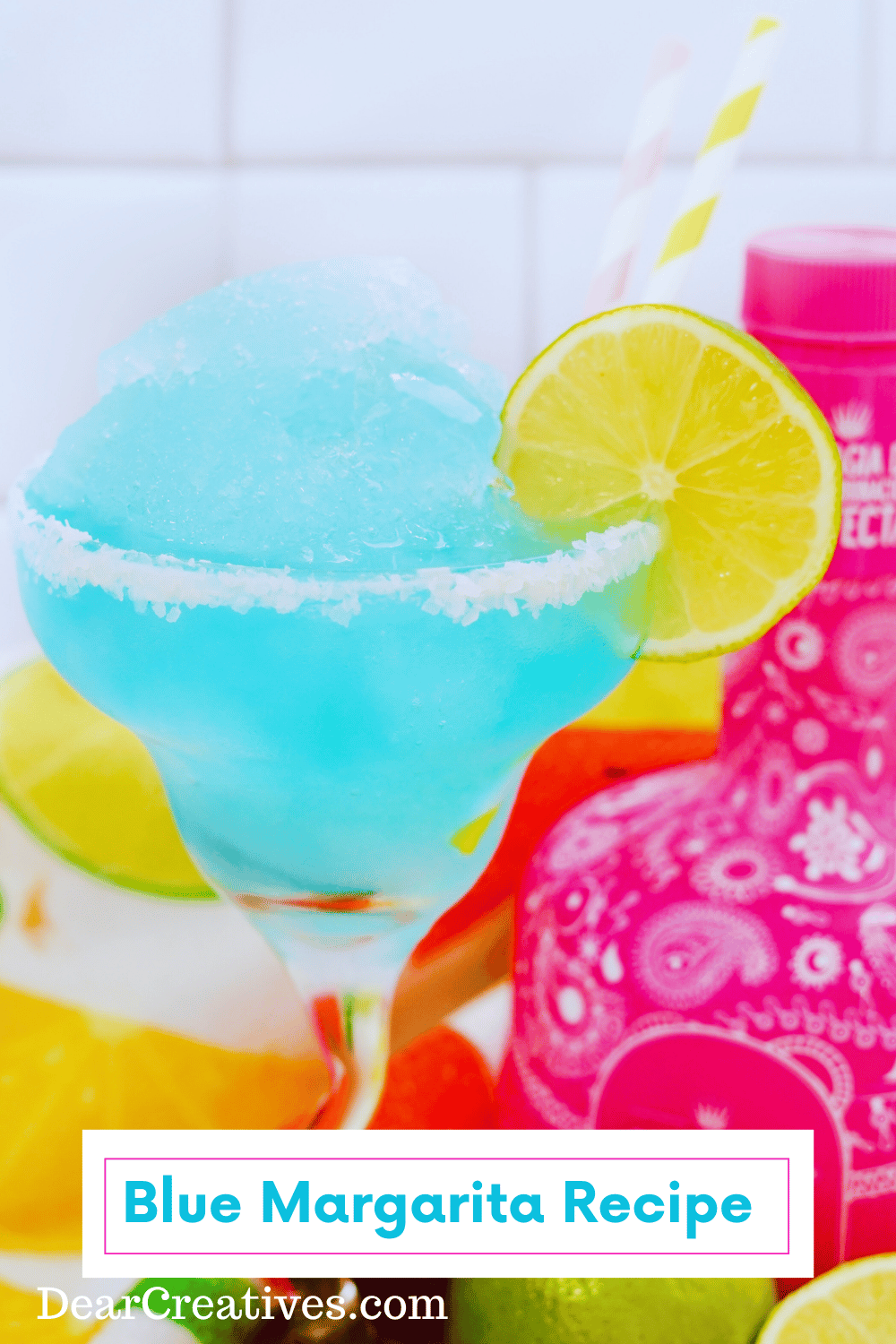 Blue Margarita Recipe - This is a blended frozen blue margarita that is delicious and easy to make. You can make it shaken if you prefer. Get the recipe for blue margaritas at DearCreatives.com