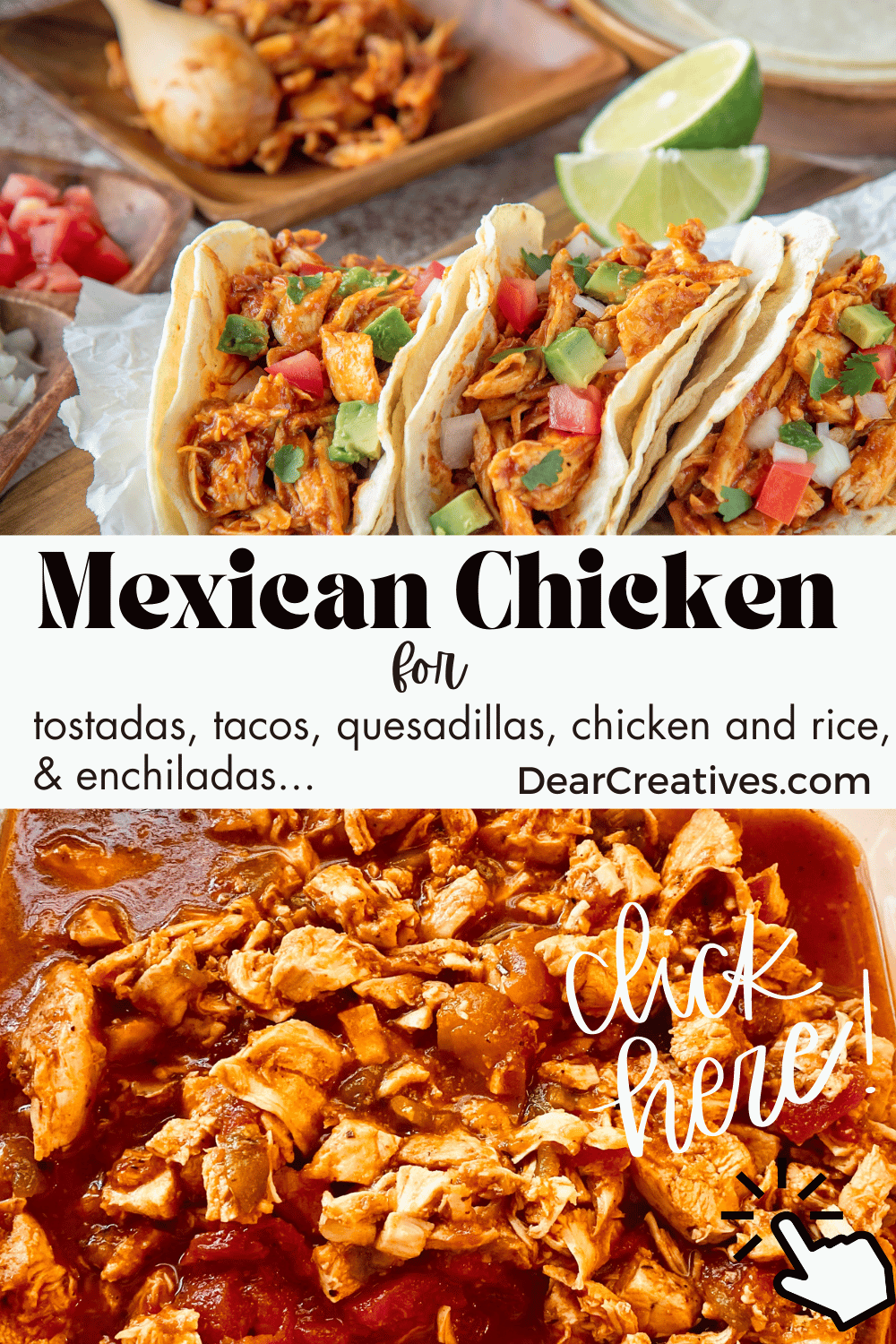 Mexican Chicken - Make Mexican Chicken on the stove - Cook the chicken and shred or dice it to use for tostadas, tacos, quesadillas, chicken and rice... DearCreatives.com