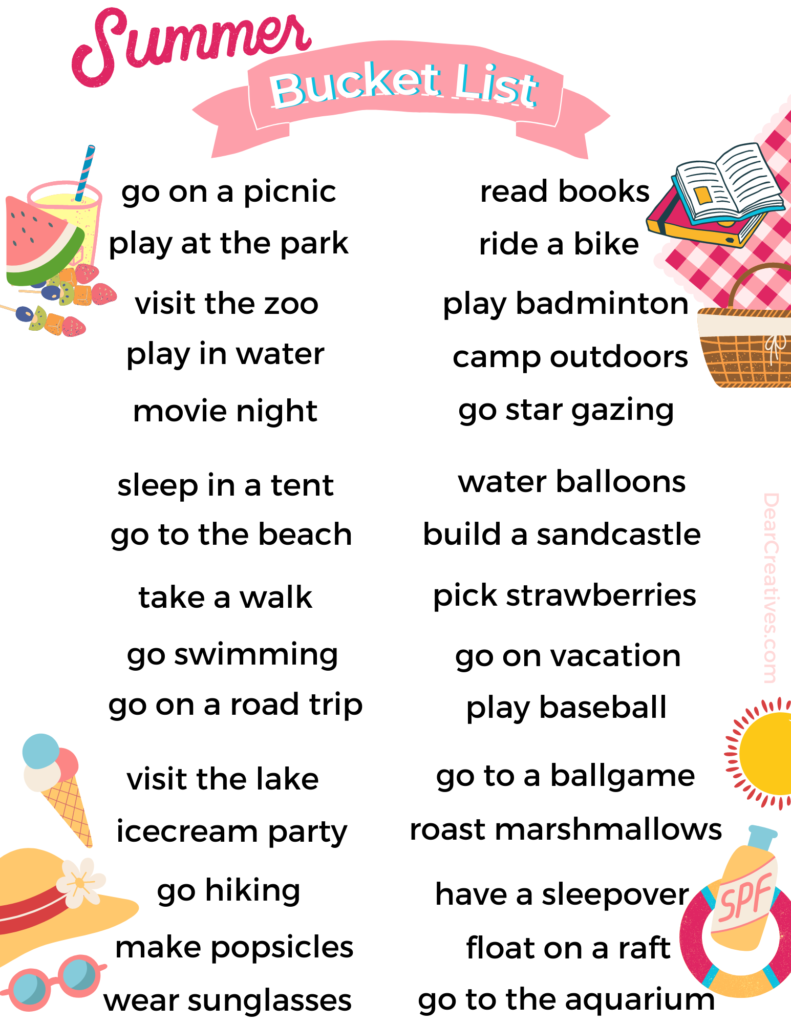 Summer Bucket List - Ideas and activities for families, kids, tweens, teens filled with things to do. Additional ideas on the post. DearCreatives.com