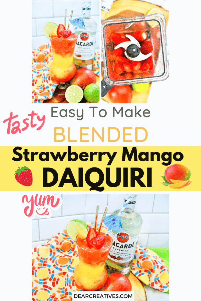 Easy to make blended, layered, Strawberry Mango Daiquiri! Enjoy sipping on this frozen cocktail! Get this and more drink recipes at DearCreatives.com