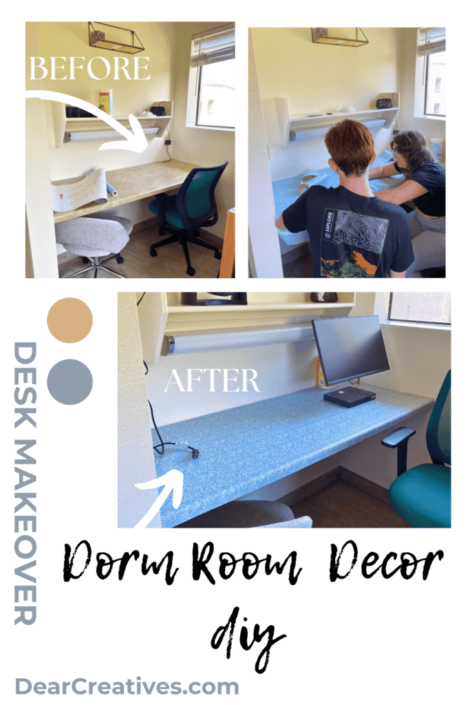 Dorm Room Decor Ideas - Desk Makeover - How to cover a desk with contact paper to make it more aesthetically pleasing. See how easy it is to do this Dorm Room DIY - DearCreatives.com