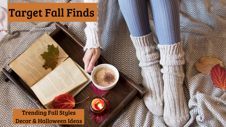 Cozy fall scene with coffee, an open book, wool socks, a blanket, and autumn leaves