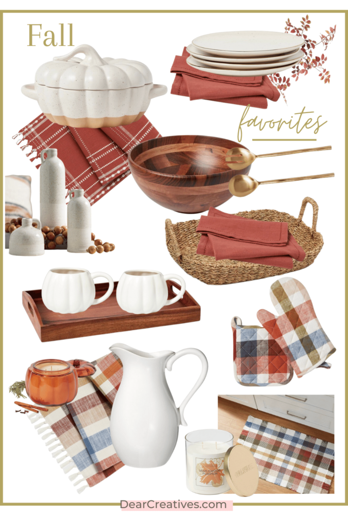 Fall Decor For The Kitchen, Dining Room, and Living Room - Fall table runners, cloth napkins for fall, wooden bowls, serving trays,pumpkin mugs,  pumpkin bowls with lids, fall candles, ceramic vases, baking oven mitts, serving spoons, serving plates... 