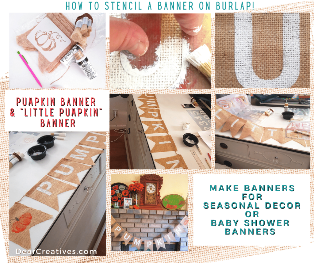 Step-by-Step How to stencil a banner on burlap to make banners, garlands, and baby shower banners. See the tutorial and tips for the burlap banners at DearCreatives.com