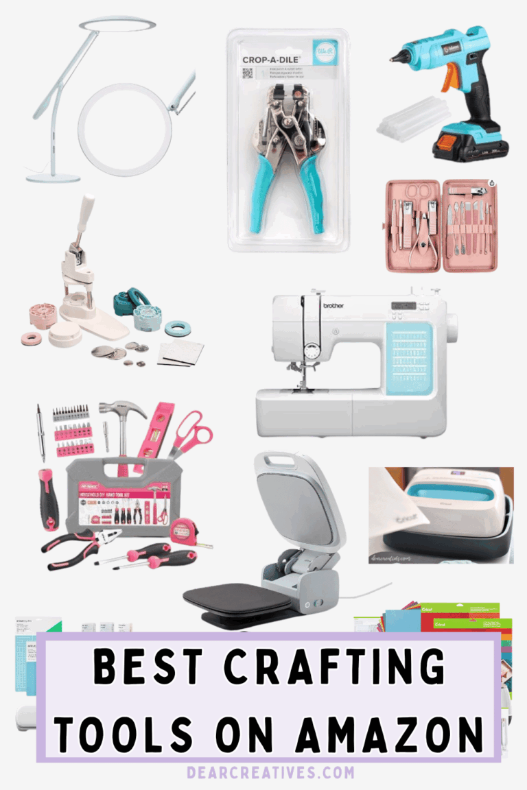 Best Crafting Tools on Amazon images of a cordless hot glue gun, tool sets for women, heat press, sewing machine, magnifier adjustable lamp, cropadial, heat press, Cricut machines, small crafting tools and crafting supplies... Full crafting supply list on DearCreatives.com
