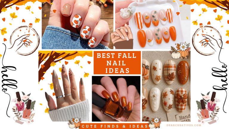 Collage of five fall nail designs featuring press-on nails, nail wraps, and painted nails on hands in autumn colors and patterns.