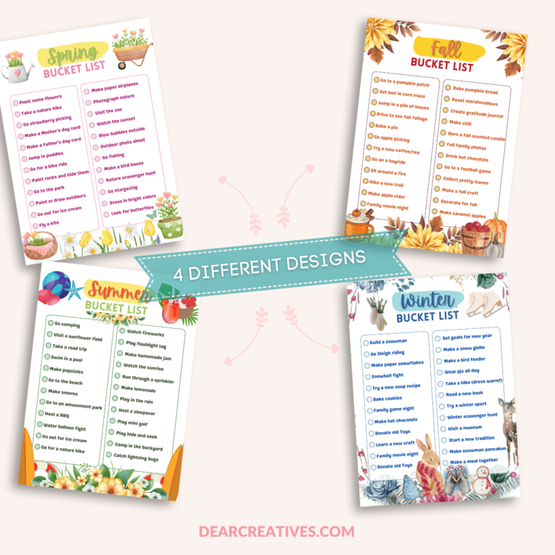 Printable Bucket List with the Four Seasons - Spring, Summer, Fall, and Winter Bucket list printables - Printable Seasons Bucket List DearCreatives.com