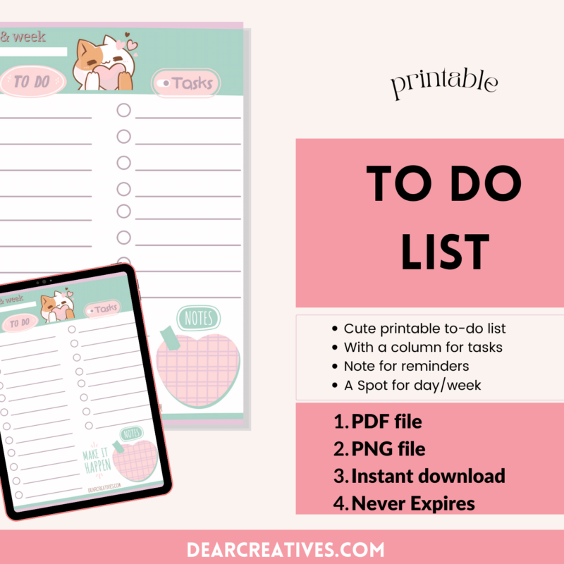 Printable To Do List With Task Section and a spot for reminders. Get this cute to do list at DearCreatives.com ©2024 Theresa Huse